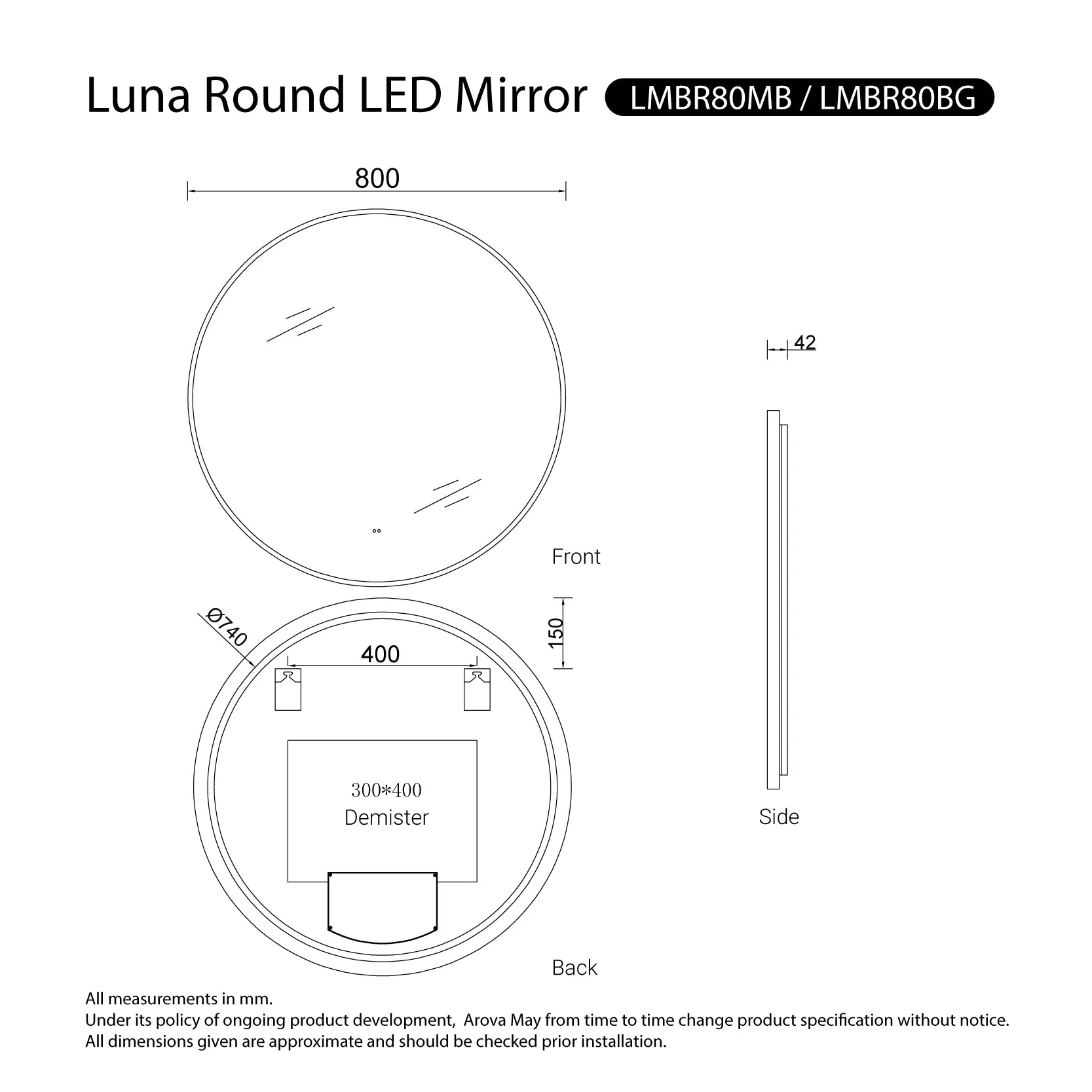 Luna 800mm Gold Frame Anti-Fog Dimmable Led Bathroom Mirror Round