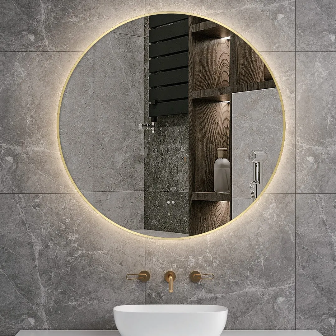 Luna 800mm Gold Frame Anti-Fog Dimmable Led Bathroom Mirror Round