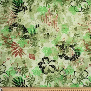 Old World Plants Collection #14 Black Flower & Green Leaves on Mint Cotton Prints