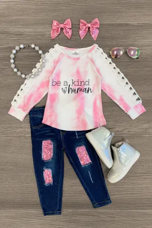 "Be A Kind Human" Sequin Denim Pant Set