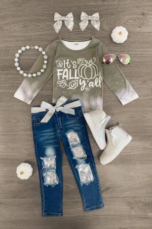 "It's Fall Y'all" Green & Silver Denim Pant Set