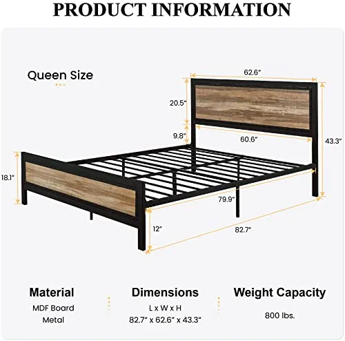 SHA CERLIN Heavy Duty Metal Bed Frame Queen Size / Wooden Headboard Footboard with Rivet/ 13 Strong Metal Slats Support/ No Box Spring Needed/ Mattress Foundation/ Easy Assembly