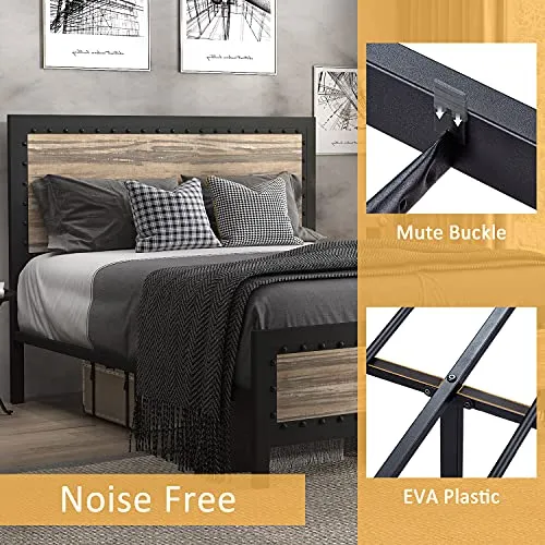 SHA CERLIN Heavy Duty Metal Bed Frame Queen Size / Wooden Headboard Footboard with Rivet/ 13 Strong Metal Slats Support/ No Box Spring Needed/ Mattress Foundation/ Easy Assembly