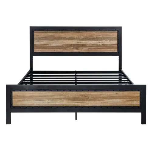 SHA CERLIN Heavy Duty Metal Bed Frame Queen Size / Wooden Headboard Footboard with Rivet/ 13 Strong Metal Slats Support/ No Box Spring Needed/ Mattress Foundation/ Easy Assembly