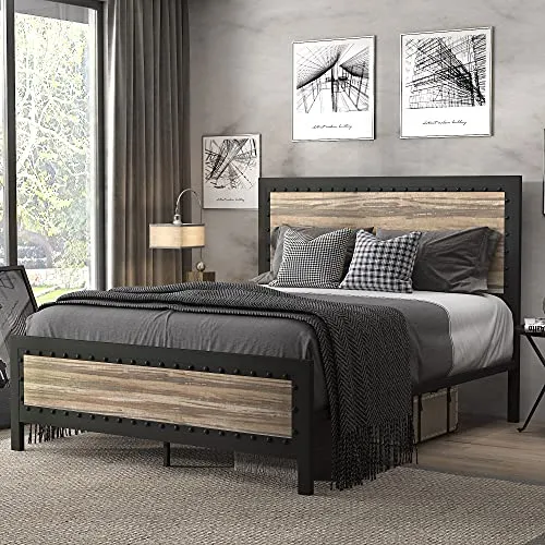 SHA CERLIN Heavy Duty Metal Bed Frame Queen Size / Wooden Headboard Footboard with Rivet/ 13 Strong Metal Slats Support/ No Box Spring Needed/ Mattress Foundation/ Easy Assembly