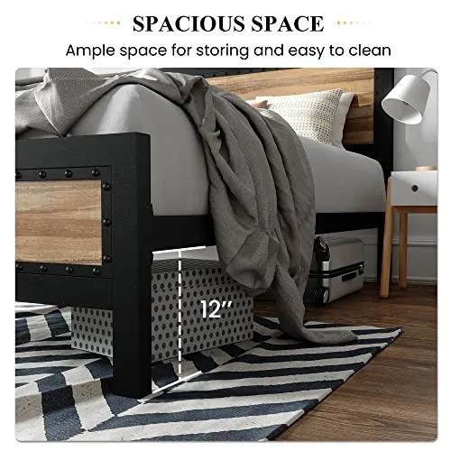 SHA CERLIN Heavy Duty Metal Bed Frame Queen Size / Wooden Headboard Footboard with Rivet/ 13 Strong Metal Slats Support/ No Box Spring Needed/ Mattress Foundation/ Easy Assembly