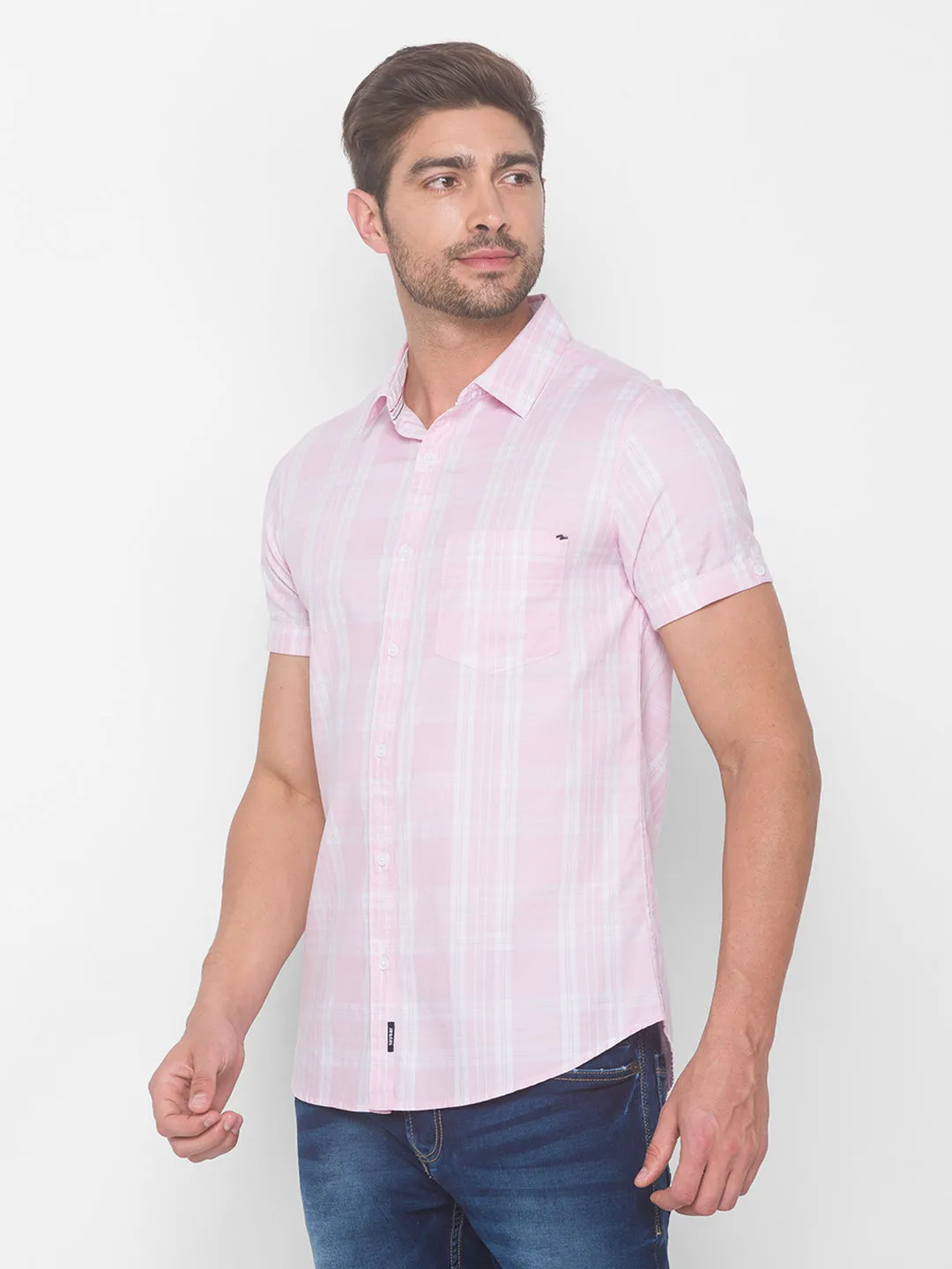 Spykar Men Baby Pink Cotton Shirts (Slim)