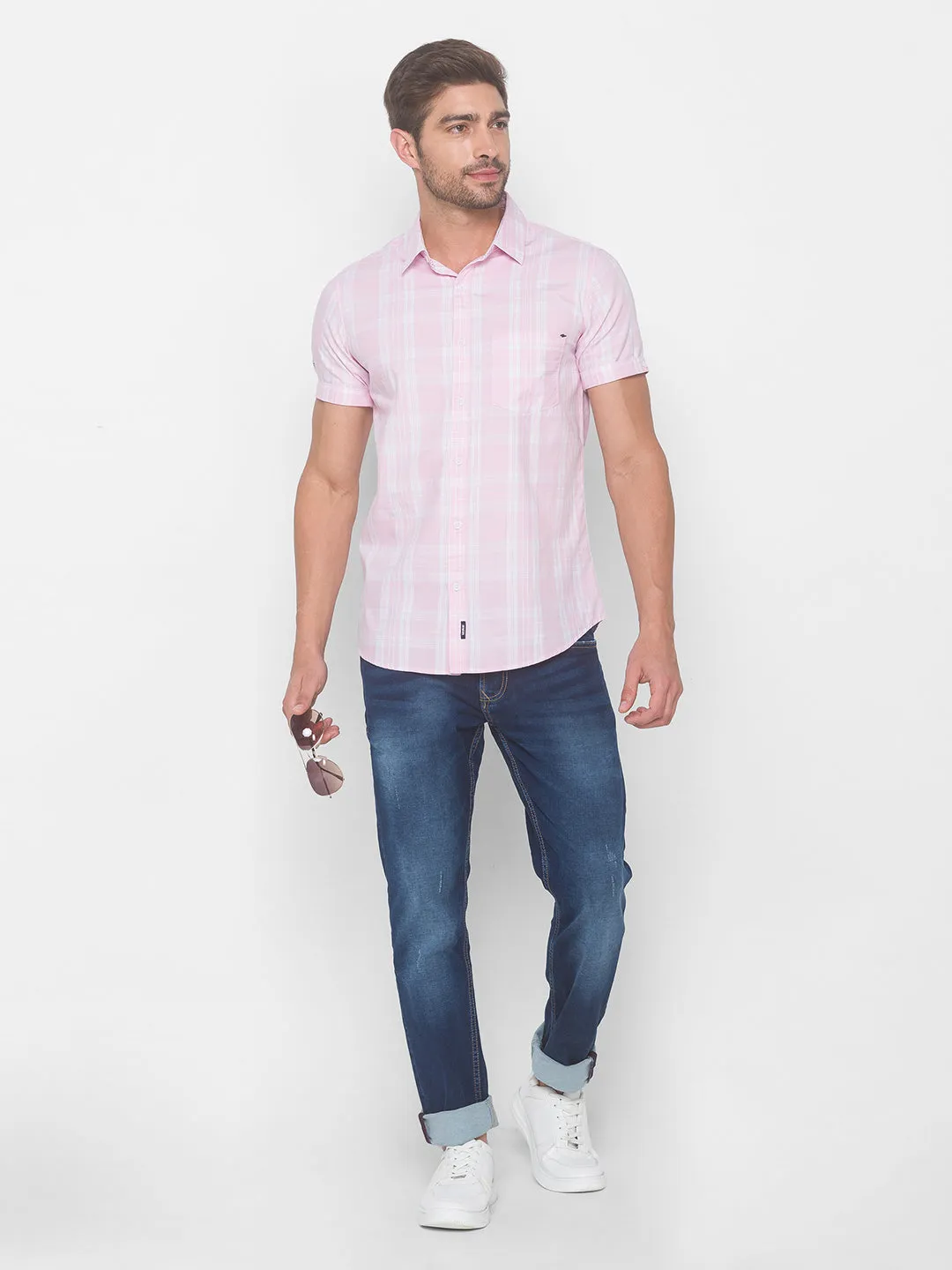 Spykar Men Baby Pink Cotton Shirts (Slim)
