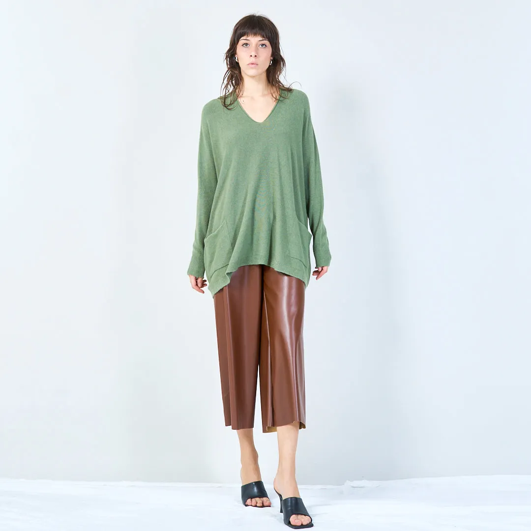 V-neck oversized knit sweater with front pockets wholesale