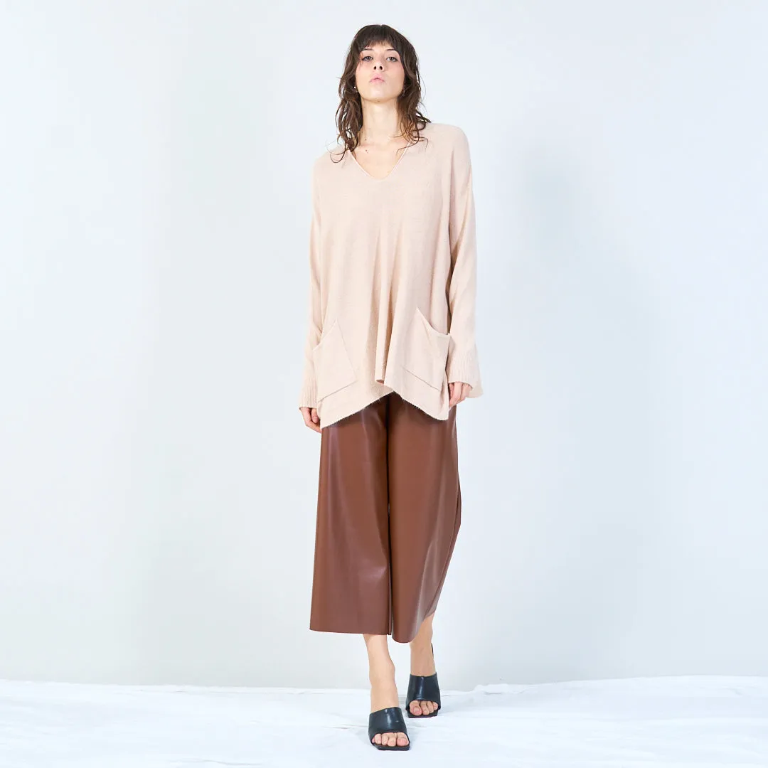 V-neck oversized knit sweater with front pockets wholesale