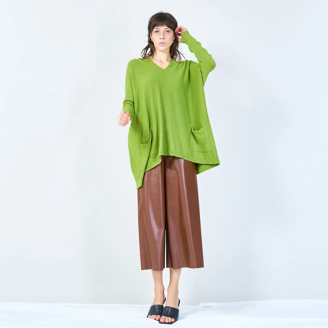 V-neck oversized knit sweater with front pockets wholesale