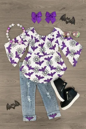 White & Purple Bat Tunic Top Denim Pant Set