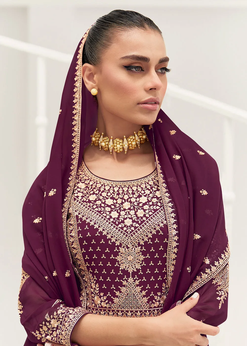 Wine Purple Real Georgette Party Style Anarkali Suit