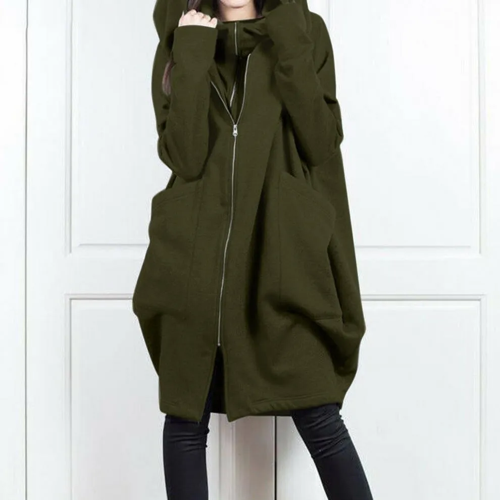 Women's Hooded Pocket Sweatshirt Zipper Mid-length Fake Coats